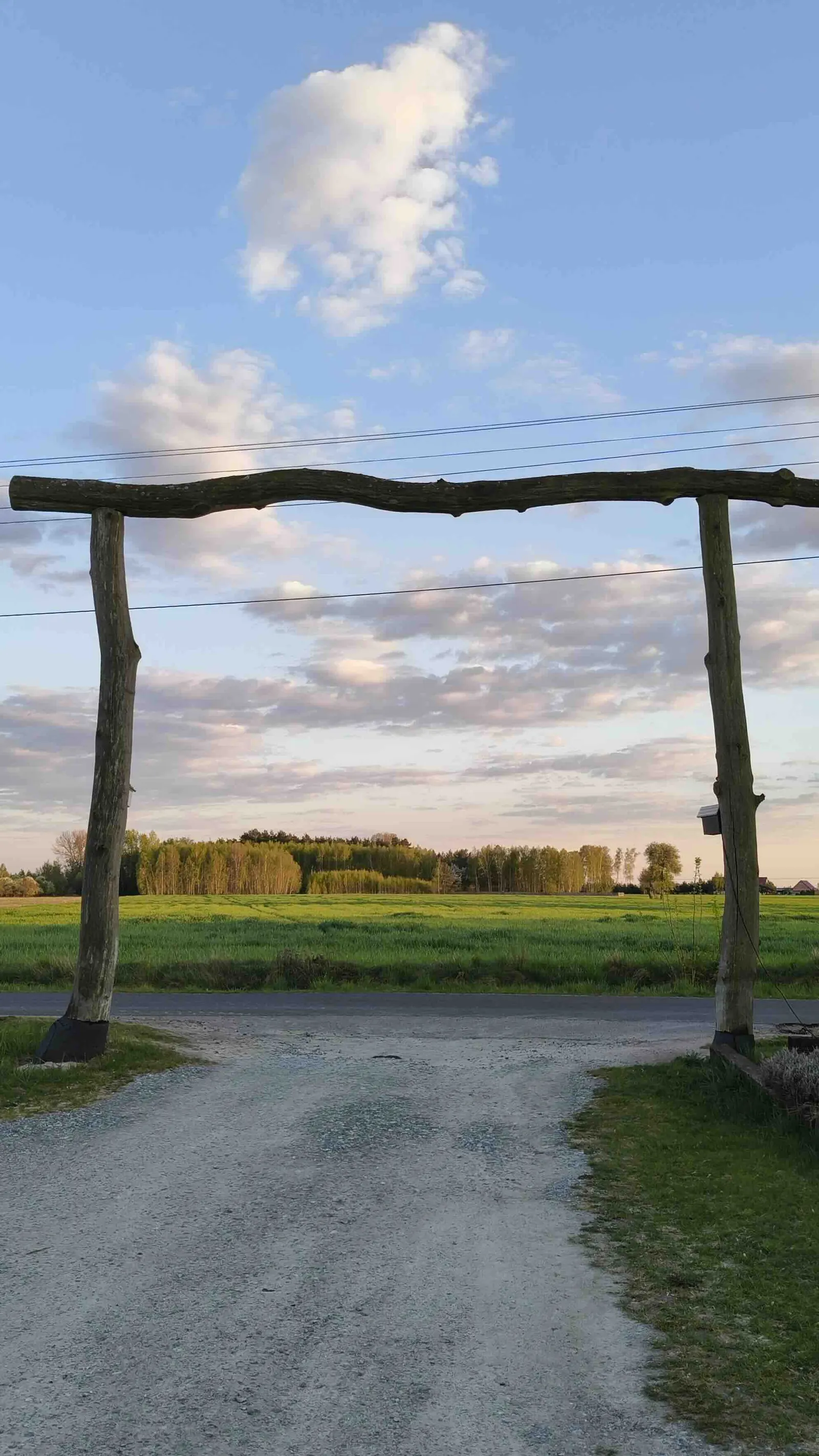 Brama z żerdzi przy wjeździe do Gniazda, w tle łąki i las
